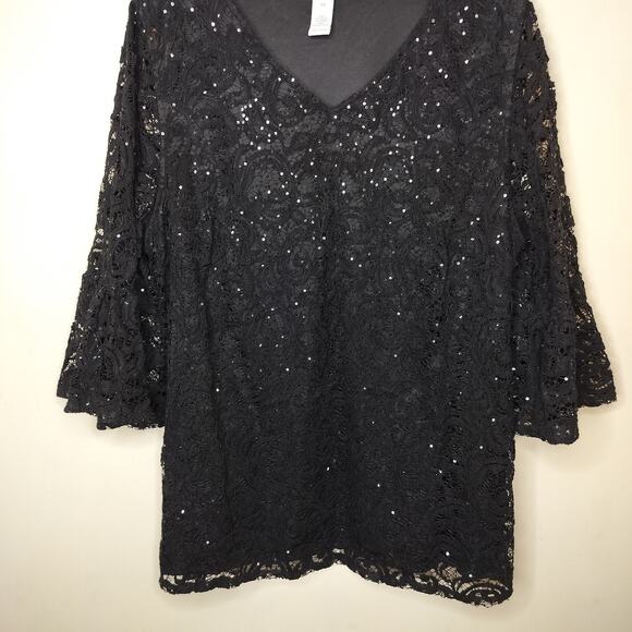 Catherines Black Lace Tunic Sequins Bell Sleeve V Neck - Picture 3 of 9